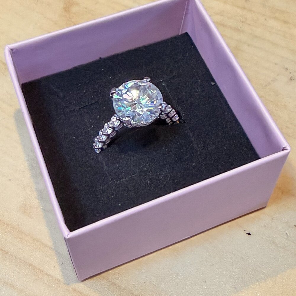 5 Carat Round Moissanite Solitaire w/Eternity Band, Silver 925, Size 5